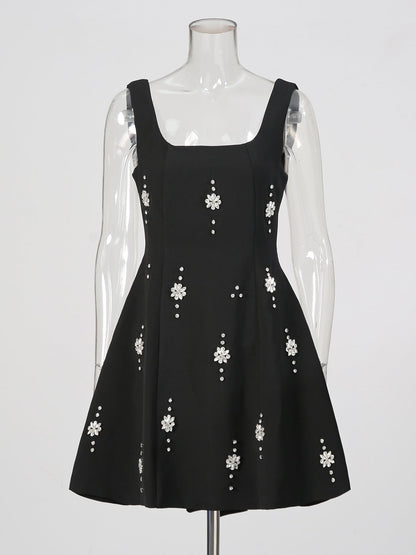 Black Square Neck Mini Dress with Crystal Florals - SISPELL