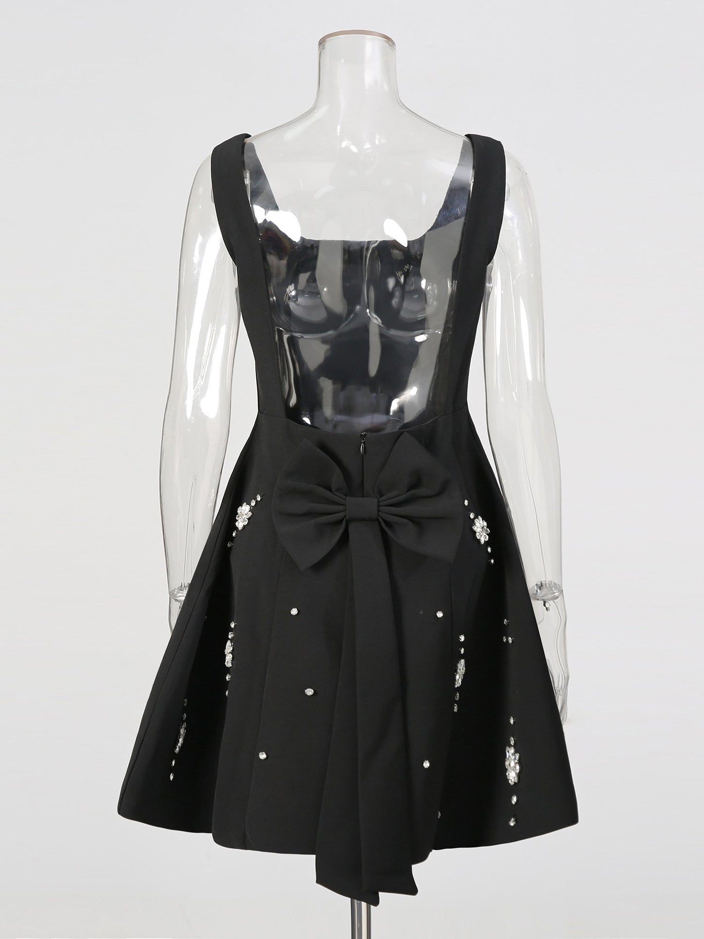 Black Square Neck Mini Dress with Crystal Florals - SISPELL