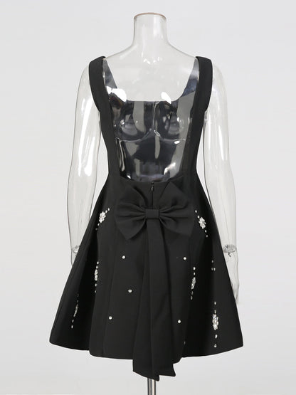 Black Square Neck Mini Dress with Crystal Florals - SISPELL