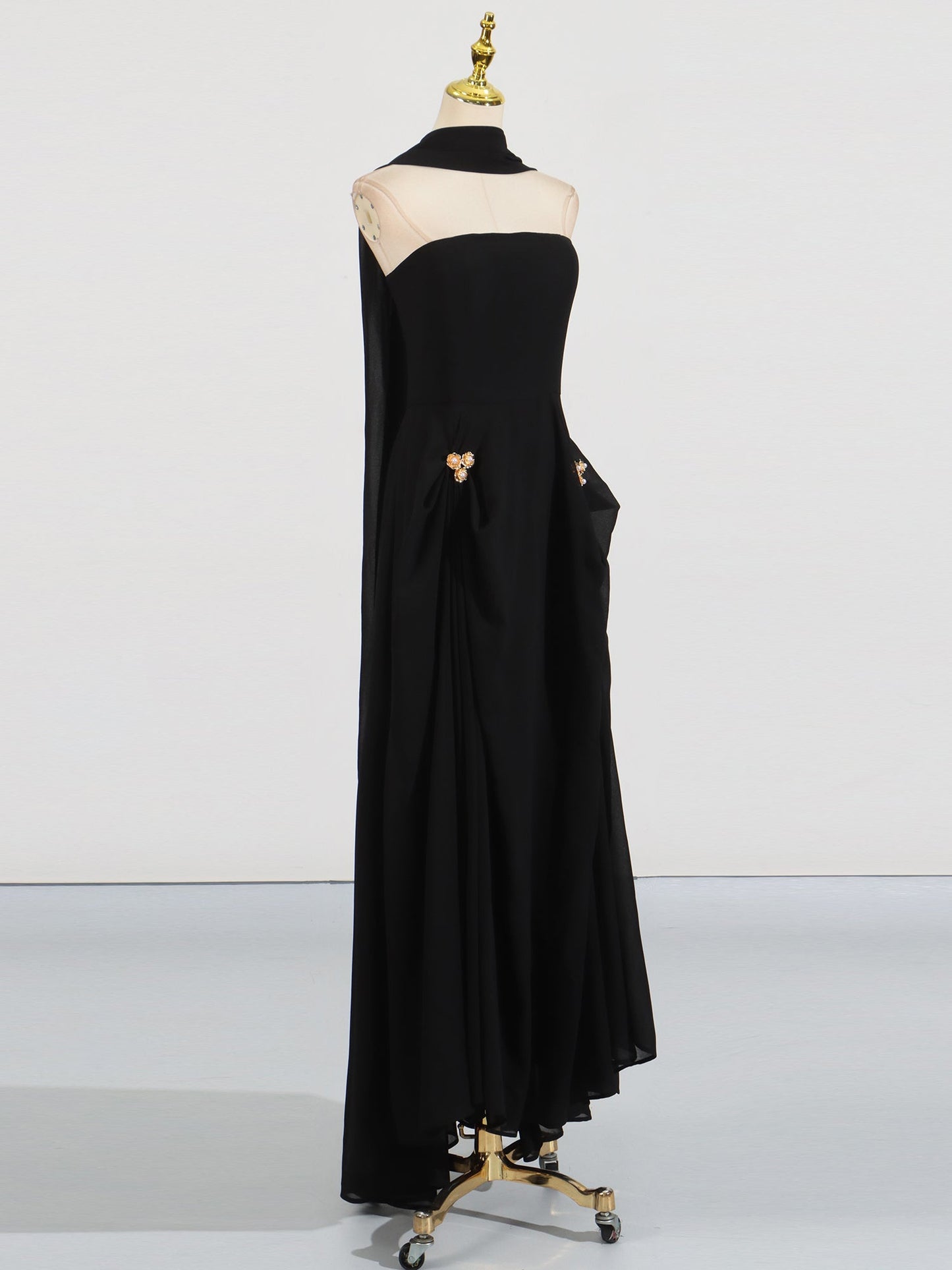 Black Strapless Maxi Evening Dress with Gold Detail - SISPELL