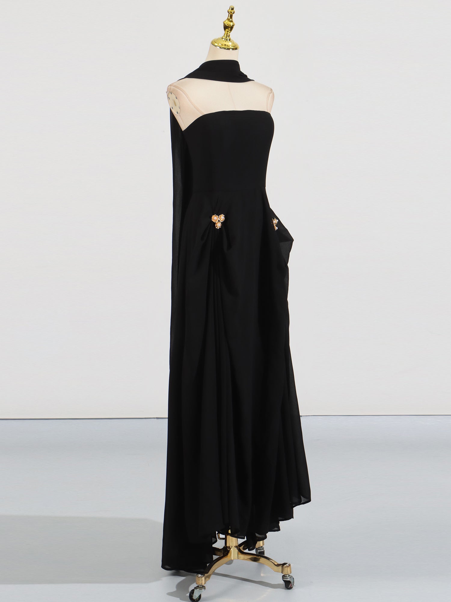 Black Strapless Maxi Evening Dress with Gold Detail - SISPELL