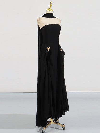 Black Strapless Maxi Evening Dress with Gold Detail - SISPELL