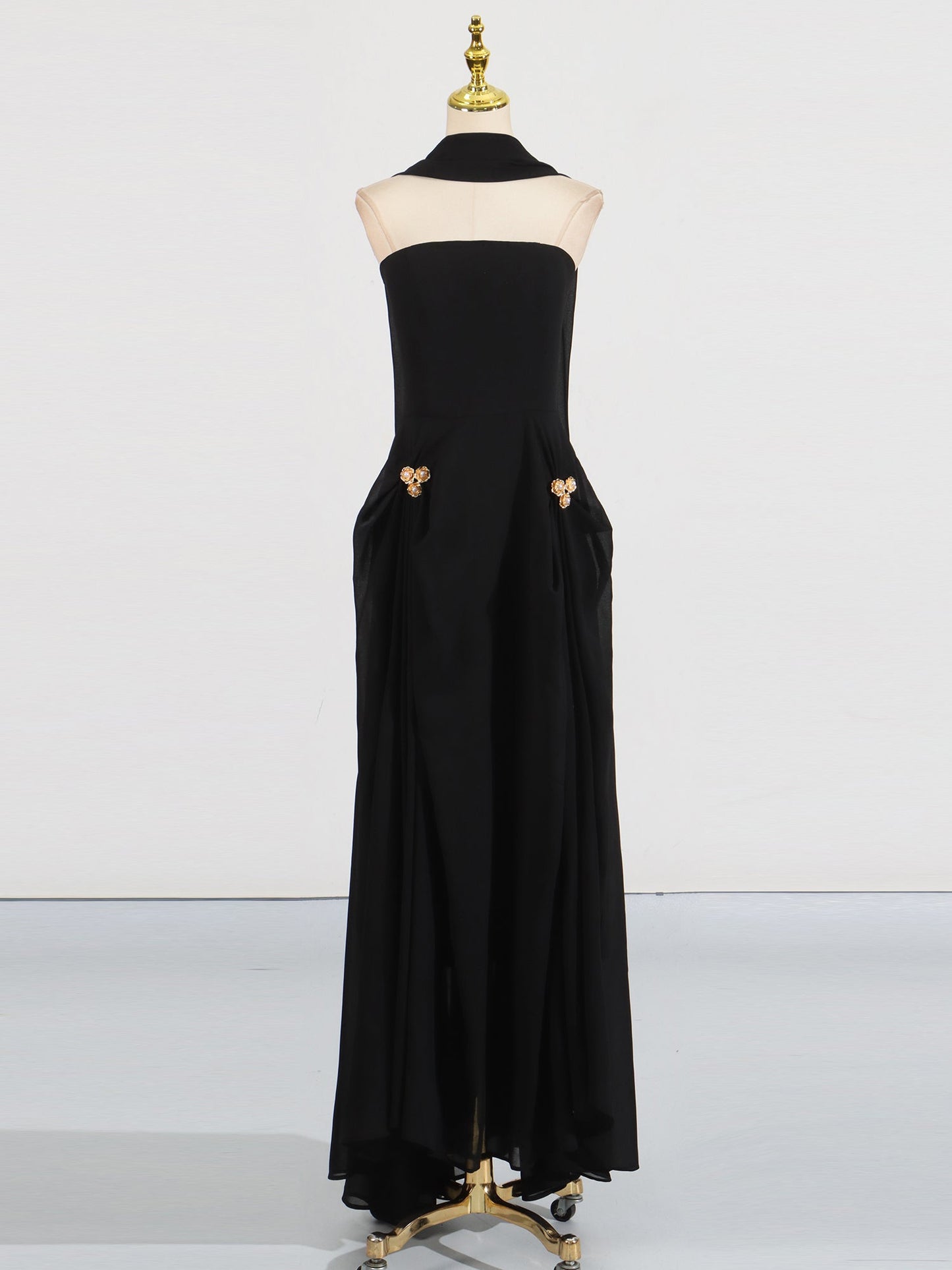 Black Strapless Maxi Evening Dress with Gold Detail - SISPELL