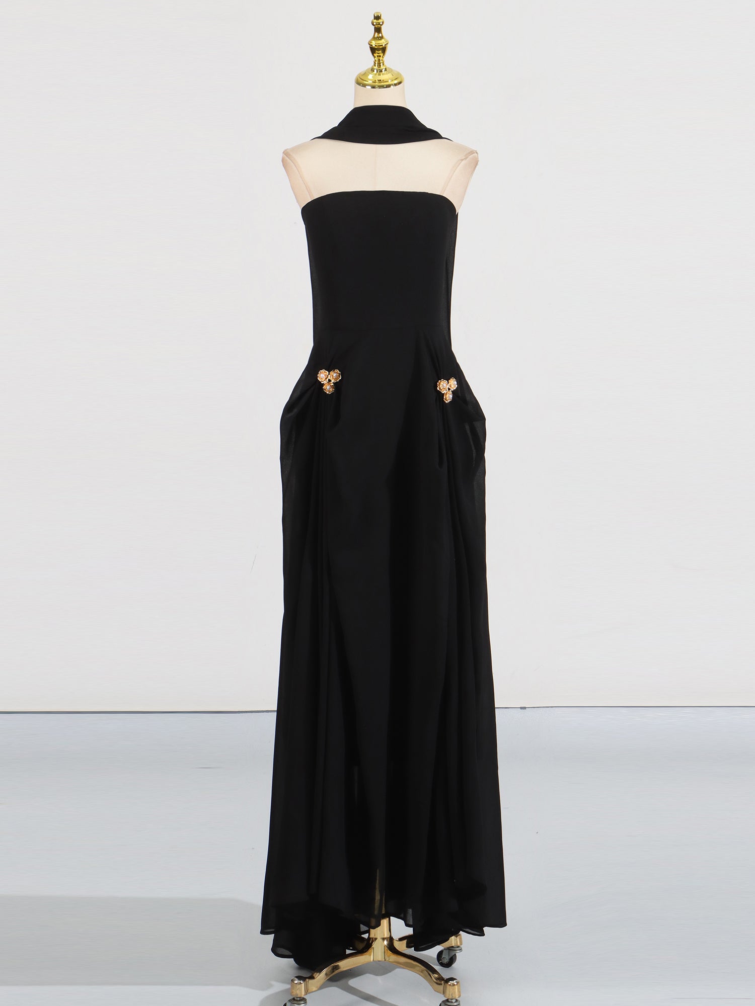 Black Strapless Maxi Evening Dress with Gold Detail - SISPELL