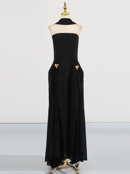 Black Strapless Maxi Evening Dress with Gold Detail - SISPELL