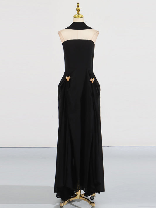 Black Strapless Maxi Evening Dress with Gold Detail - SISPELL