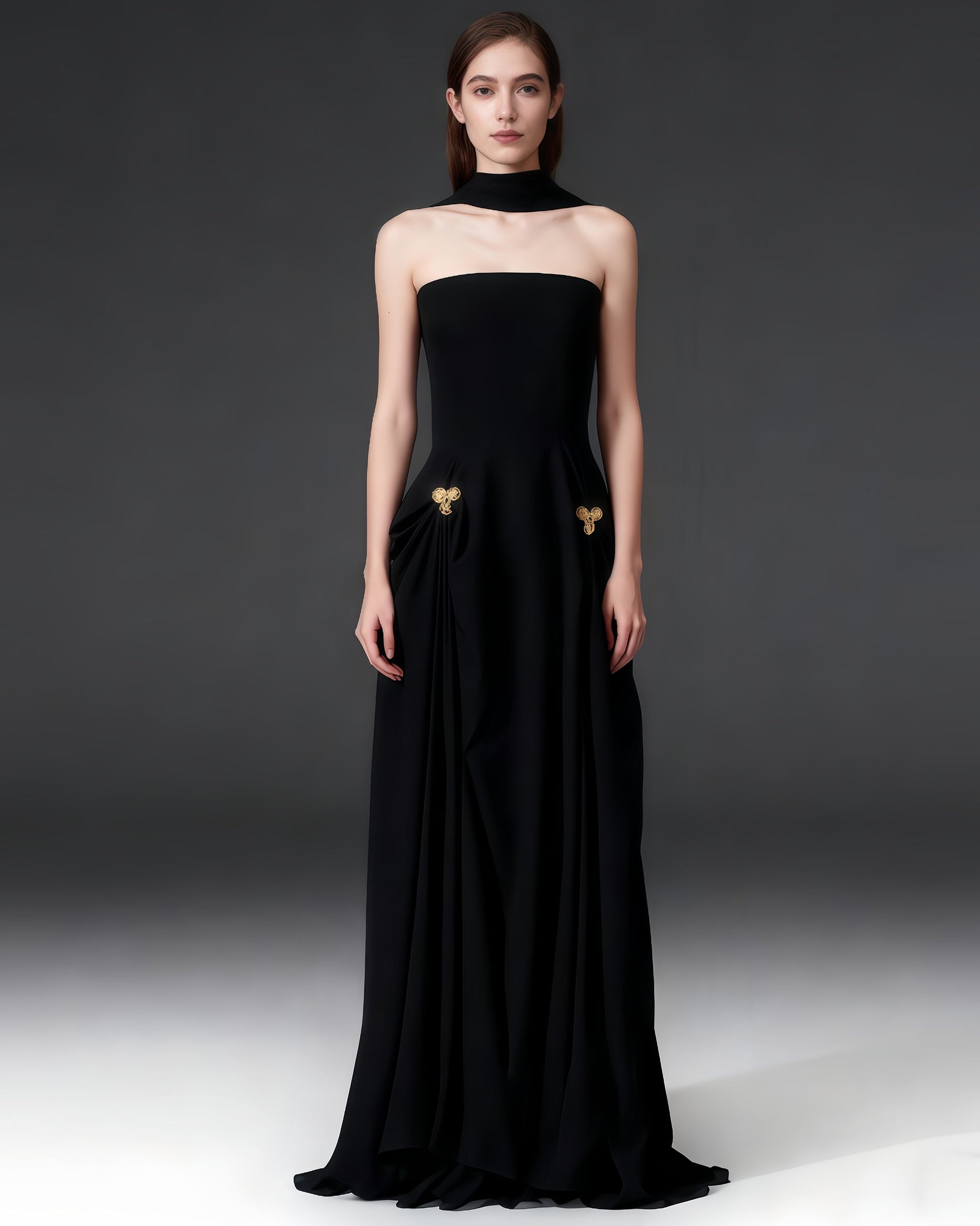 Black Strapless Maxi Evening Dress with Gold Detail - SISPELL