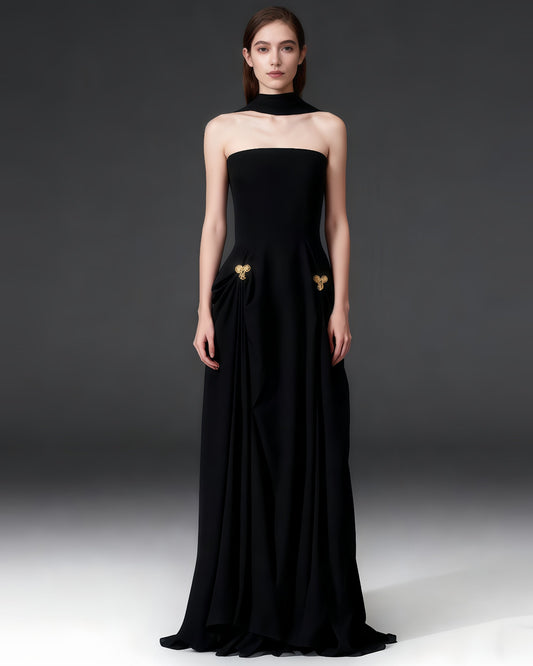 Black Strapless Maxi Evening Dress with Gold Detail - SISPELL
