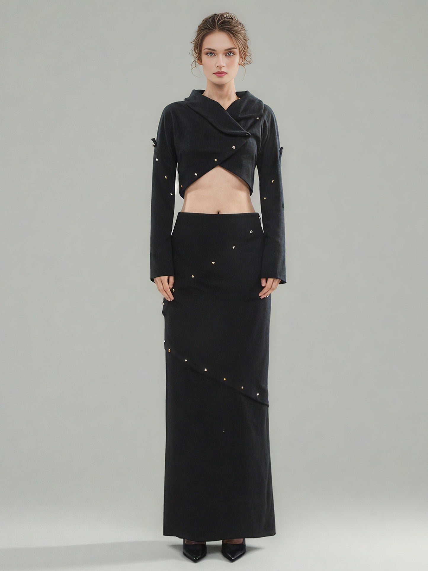 Black Studded Crop Top & Maxi Skirt Two - Piece Set - SISPELL