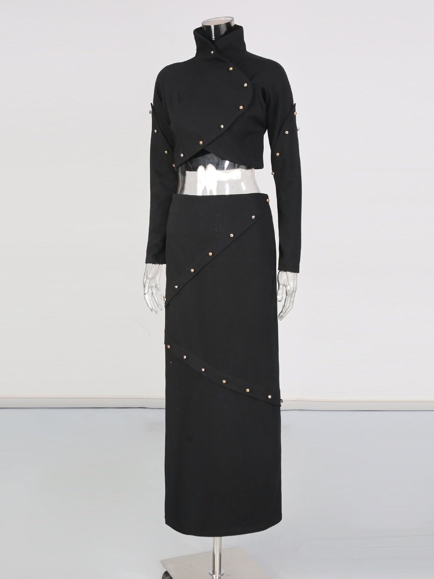 Black Studded Crop Top & Maxi Skirt Two - Piece Set - SISPELL