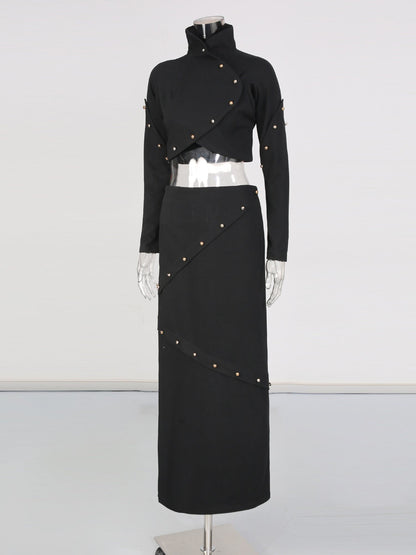 Black Studded Crop Top & Maxi Skirt Two - Piece Set - SISPELL