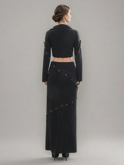 Black Studded Crop Top & Maxi Skirt Two - Piece Set - SISPELL