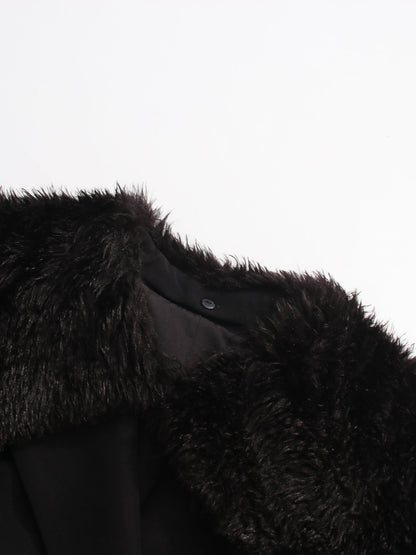 Black Trench Coat with Faux Fur Collar & Buckle Belt - SISPELL