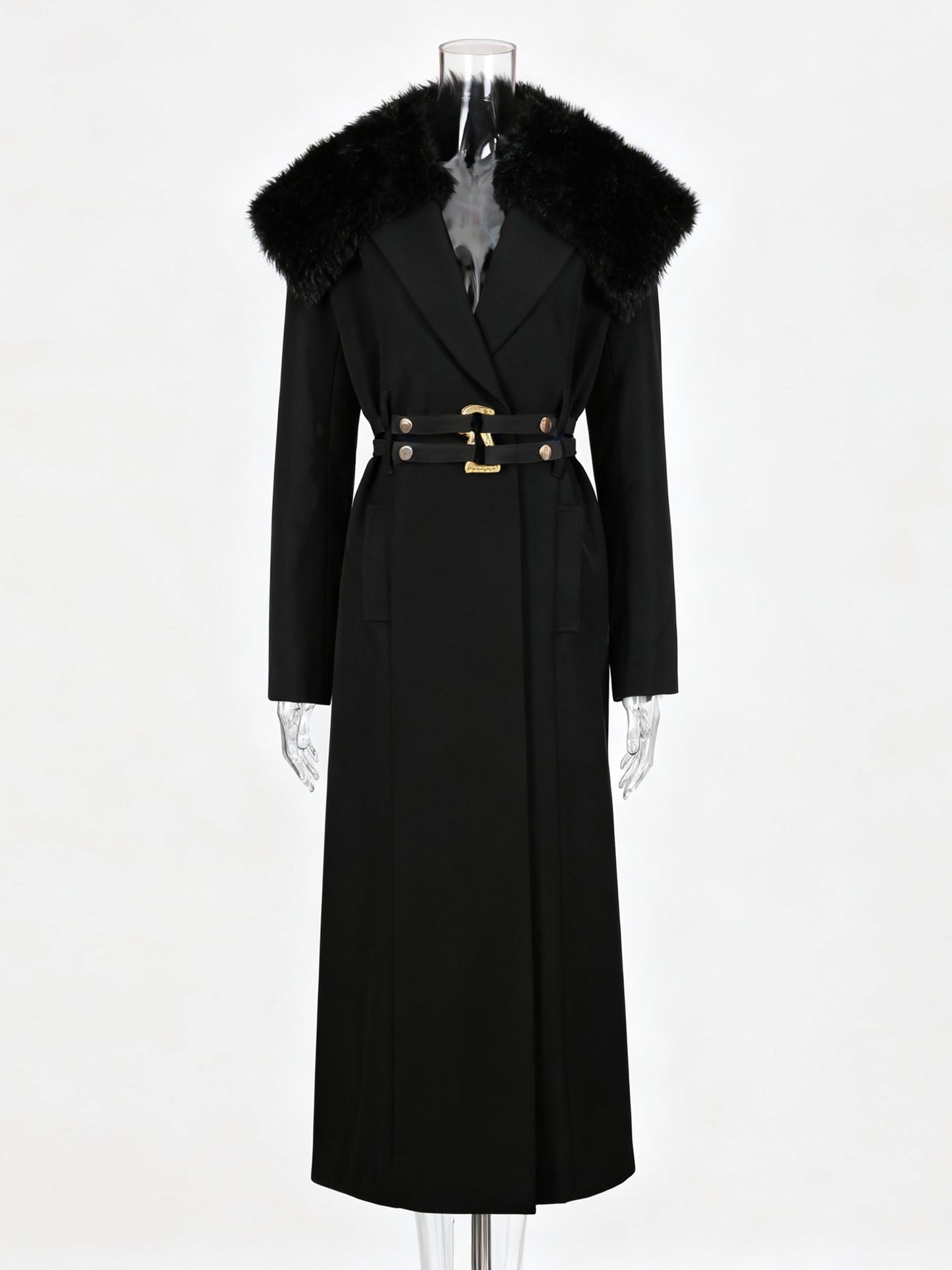 Black Trench Coat with Faux Fur Collar & Buckle Belt - SISPELL
