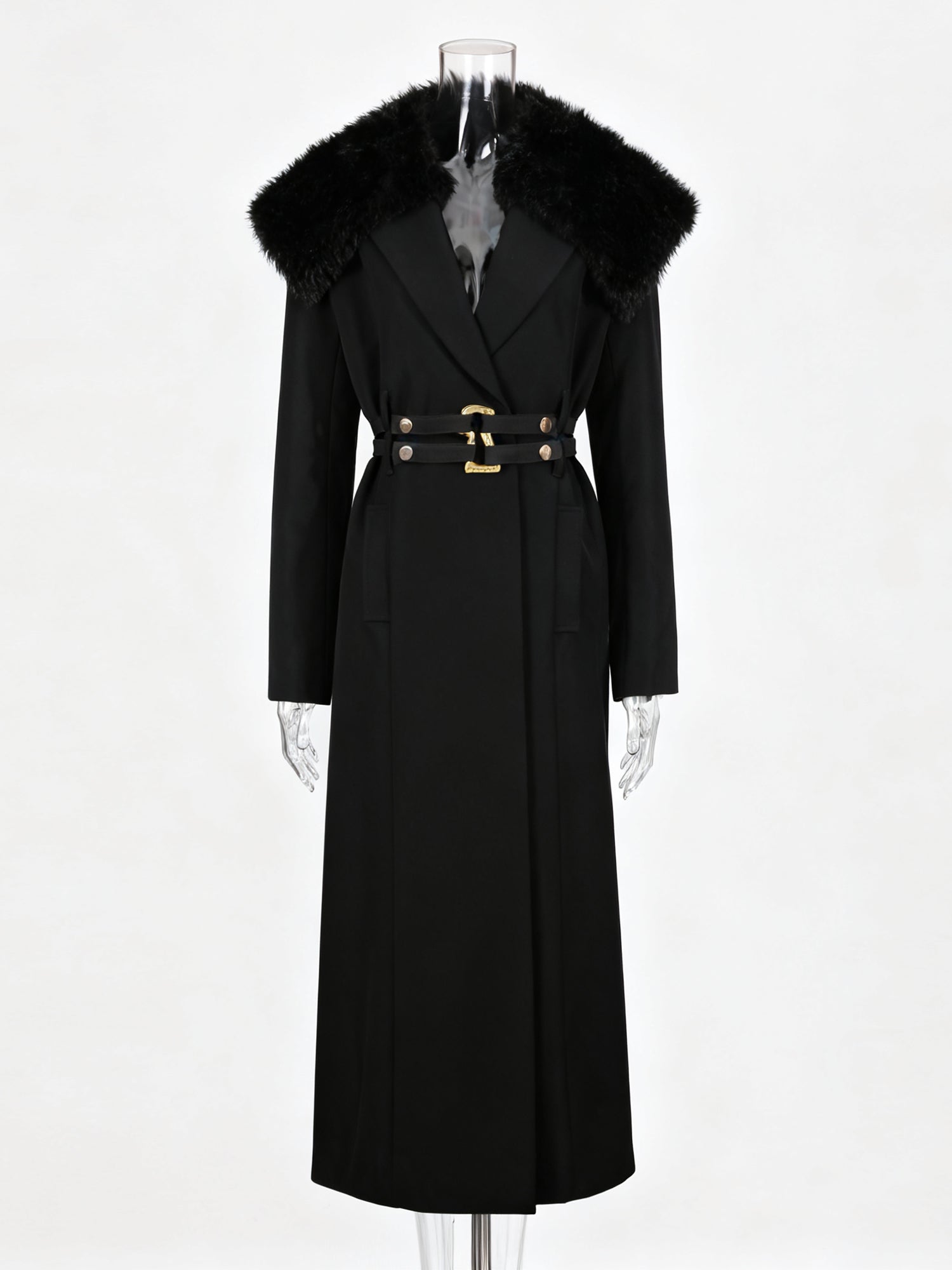 Black Trench Coat with Faux Fur Collar & Buckle Belt - SISPELL
