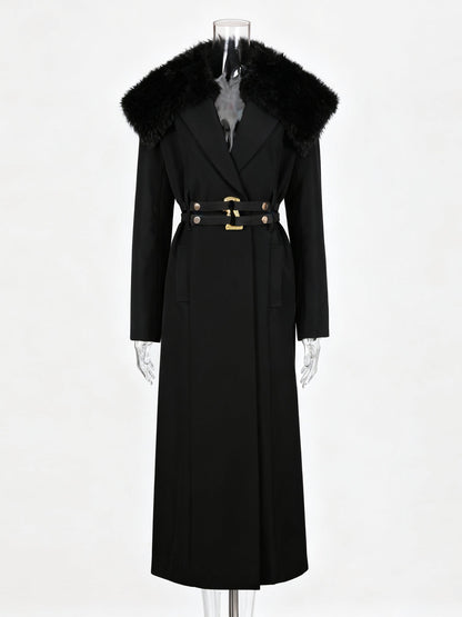 Black Trench Coat with Faux Fur Collar & Buckle Belt - SISPELL