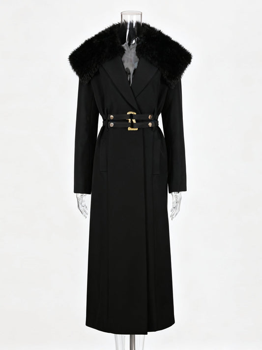 Black Trench Coat with Faux Fur Collar & Buckle Belt - SISPELL