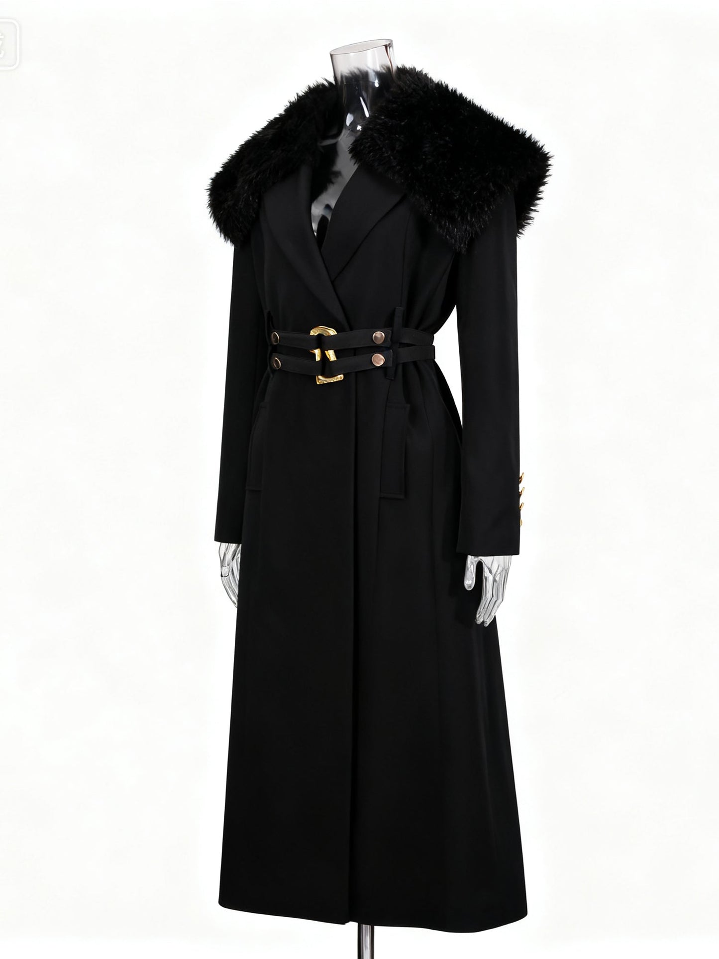 Black Trench Coat with Faux Fur Collar & Buckle Belt - SISPELL