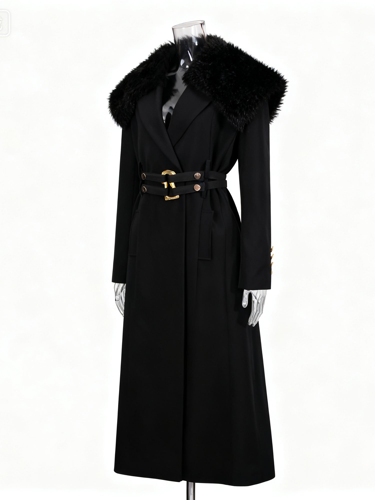 Black Trench Coat with Faux Fur Collar & Buckle Belt - SISPELL