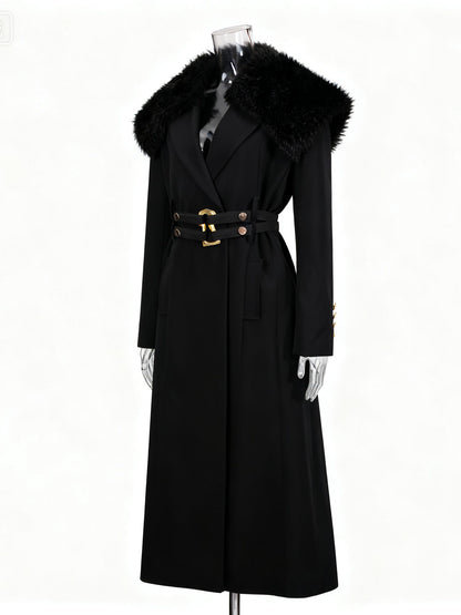 Black Trench Coat with Faux Fur Collar & Buckle Belt - SISPELL