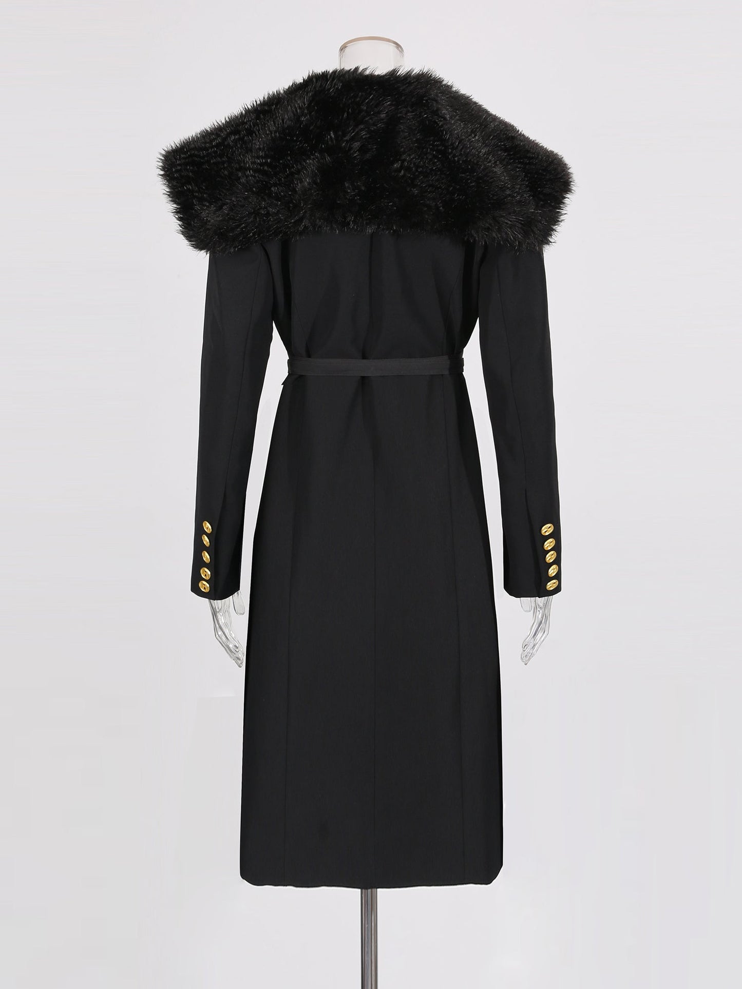 Black Trench Coat with Faux Fur Collar & Buckle Belt - SISPELL