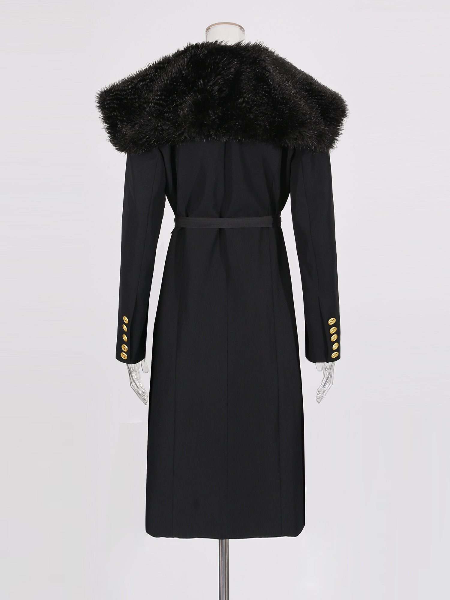 Black Trench Coat with Faux Fur Collar & Buckle Belt - SISPELL