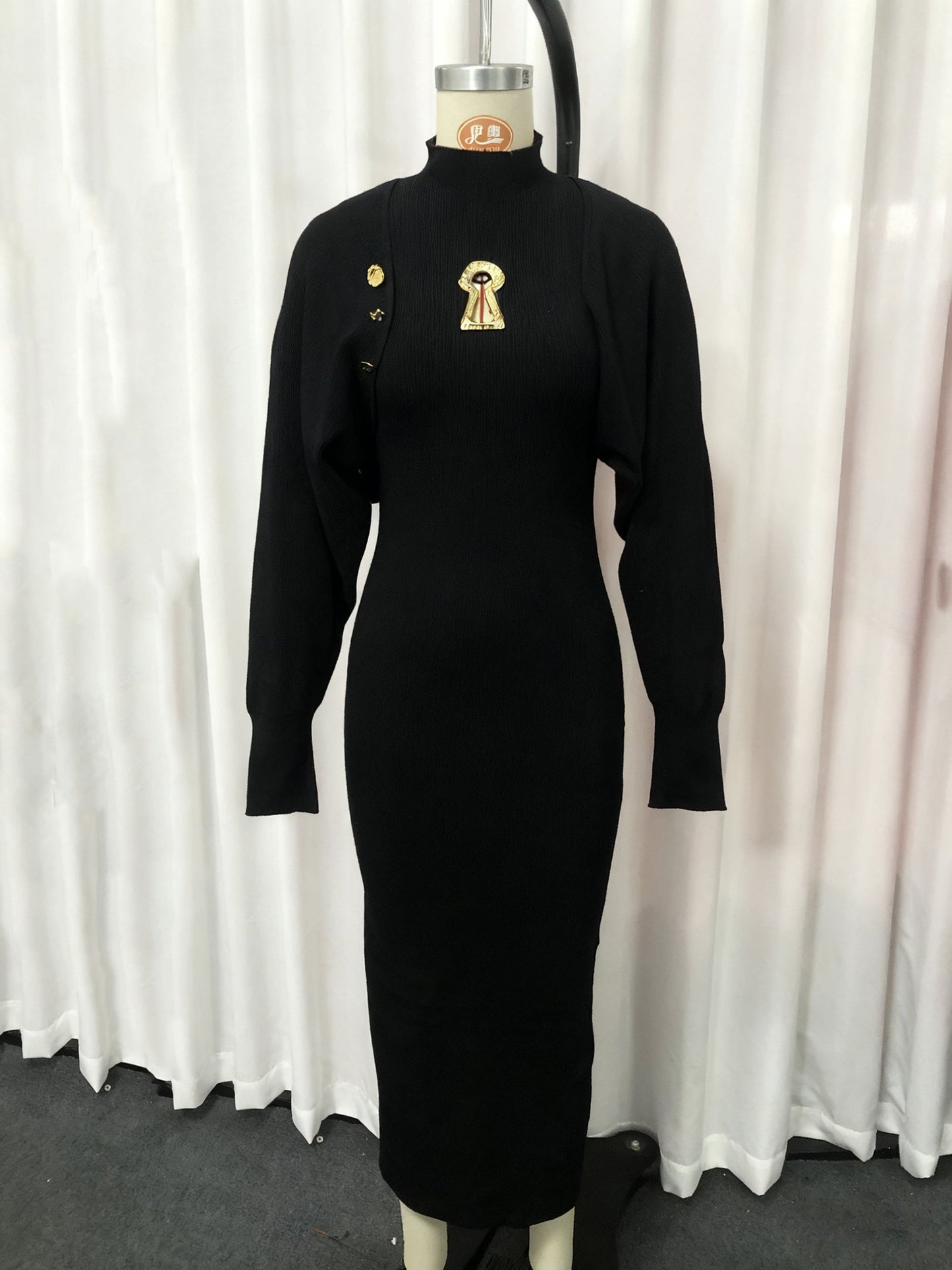 Black Turtleneck Knit Midi Dress with Keyhole Accent - SISPELL