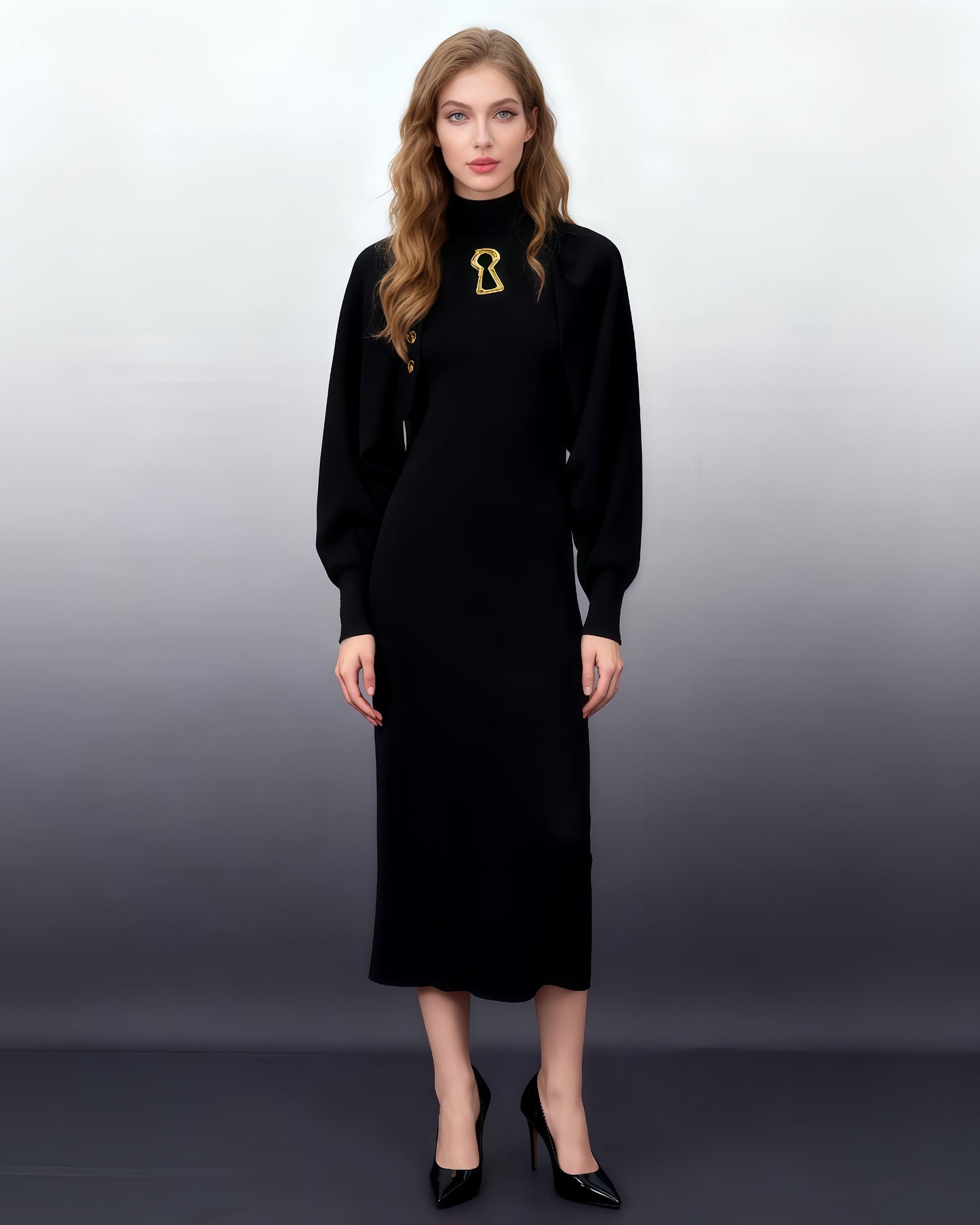 Black Turtleneck Knit Midi Dress with Keyhole Accent - SISPELL