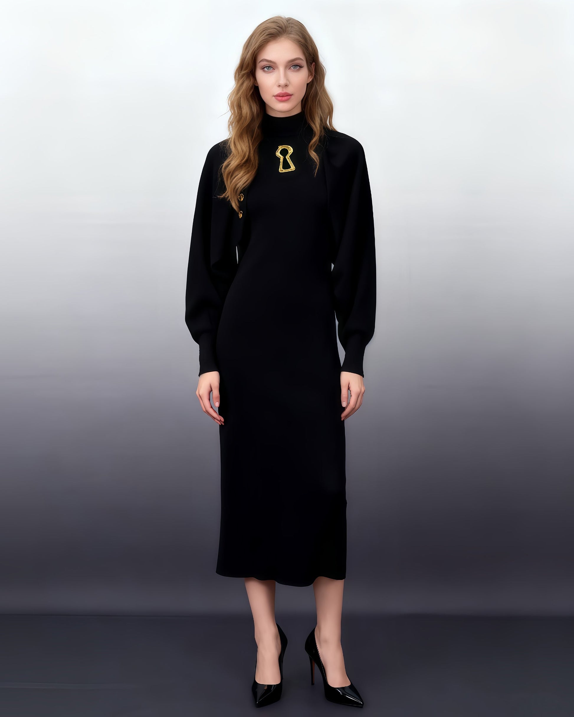 Black Turtleneck Knit Midi Dress with Keyhole Accent - SISPELL