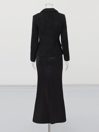 Black Tweed Blazer & Mermaid Skirt Set - SISPELL