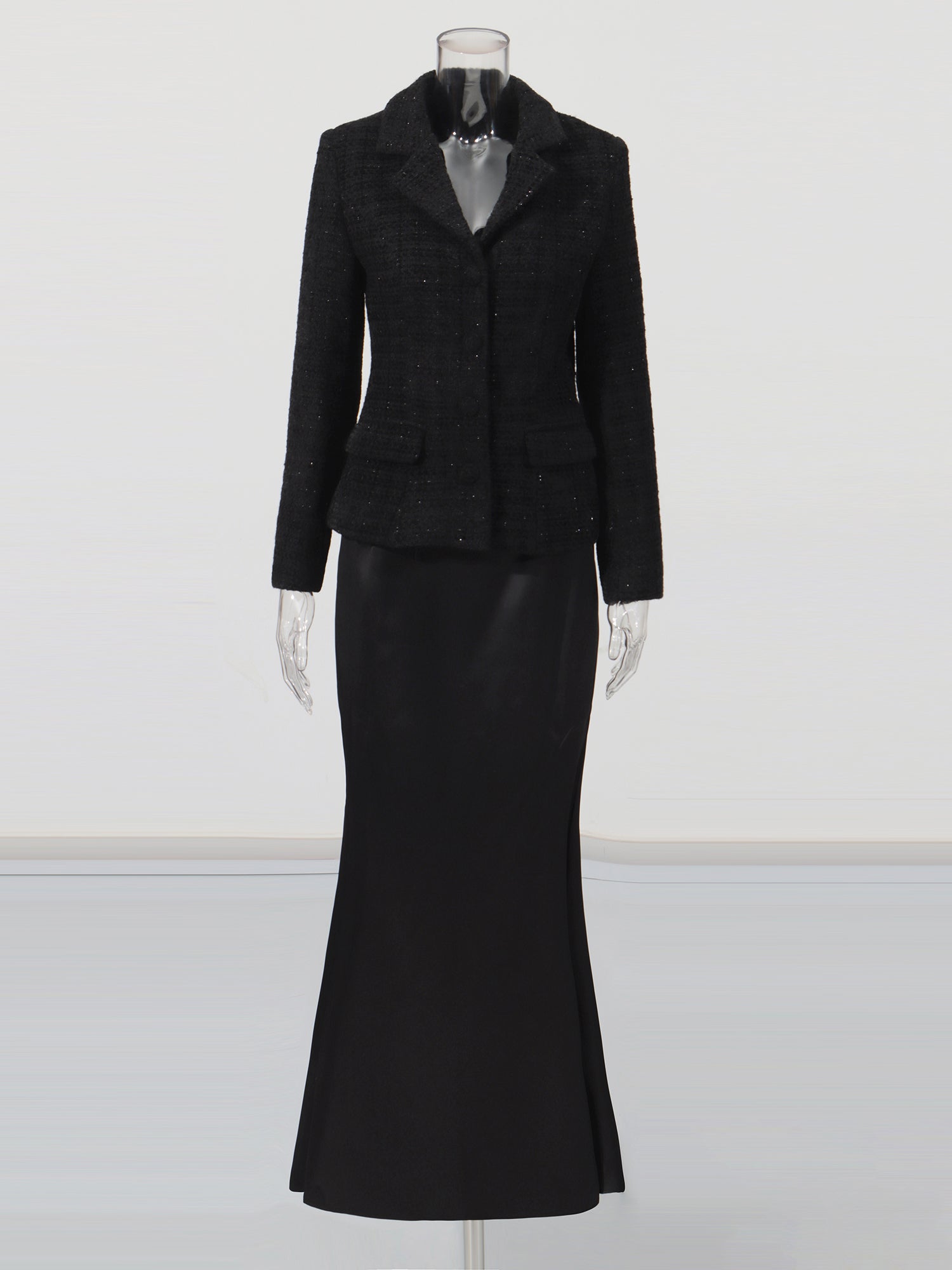 Black Tweed Blazer & Mermaid Skirt Set - SISPELL