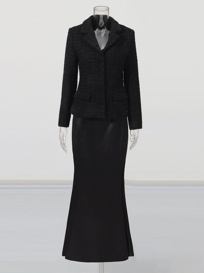 Black Tweed Blazer & Mermaid Skirt Set - SISPELL