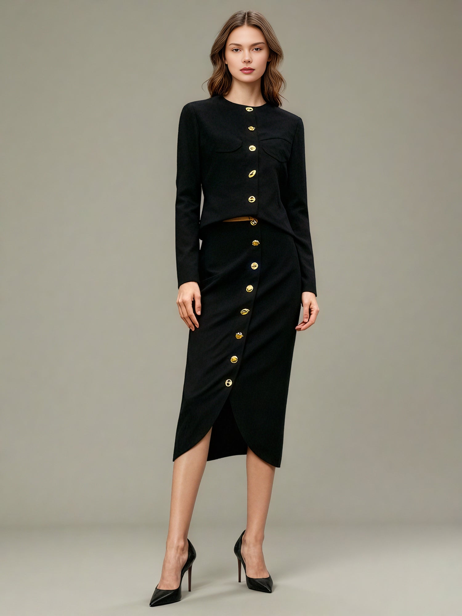 Black Two - Piece Set with Gold Statement Button Detailing - SISPELL