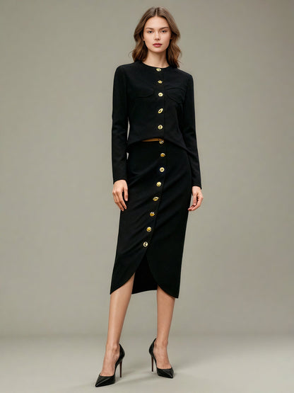 Black Two - Piece Set with Gold Statement Button Detailing - SISPELL