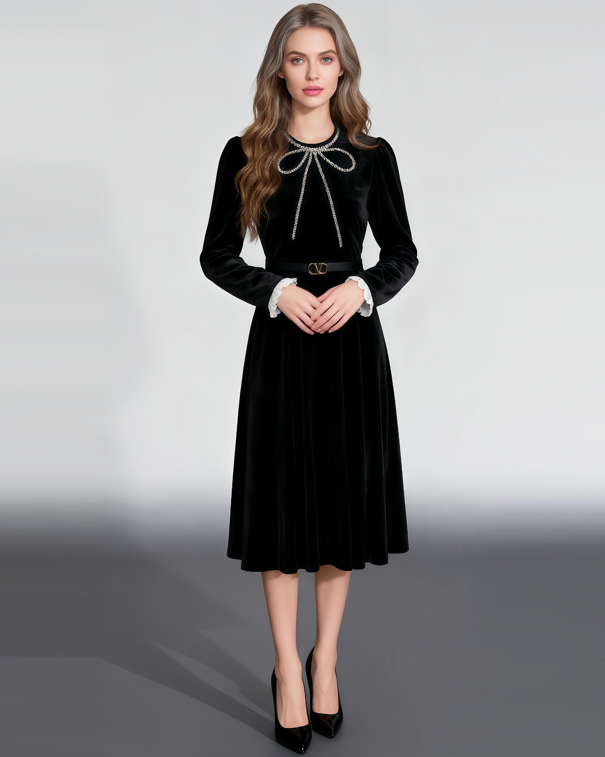 Black Velvet Midi Dress with Rhinestone Bow & Belt - SISPELL
