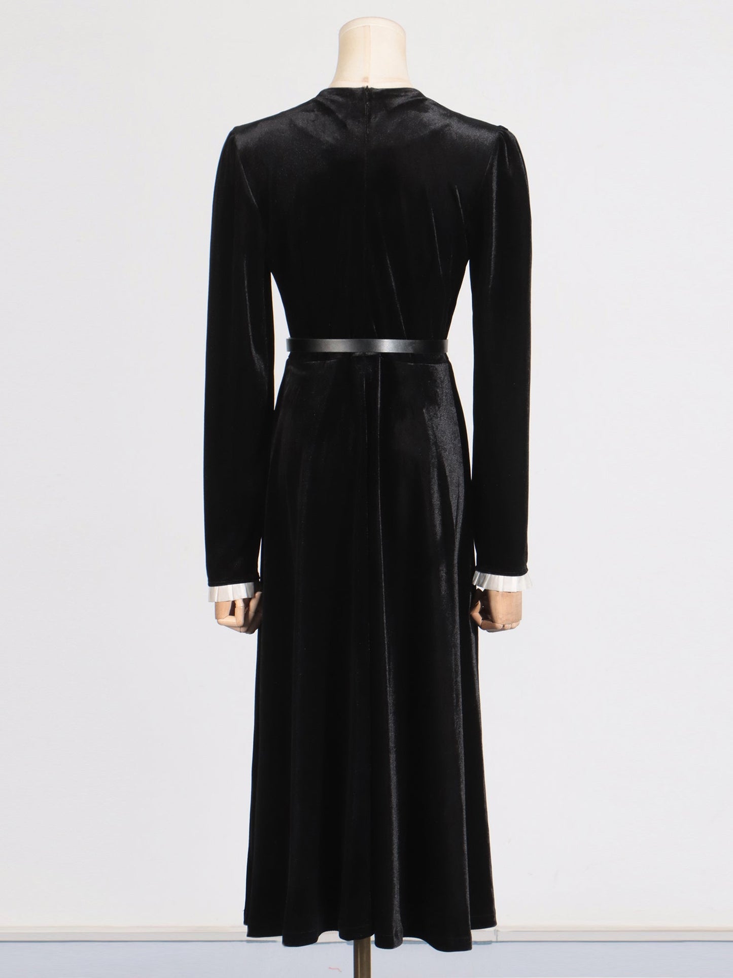 Black Velvet Midi Dress with Rhinestone Bow & Belt - SISPELL