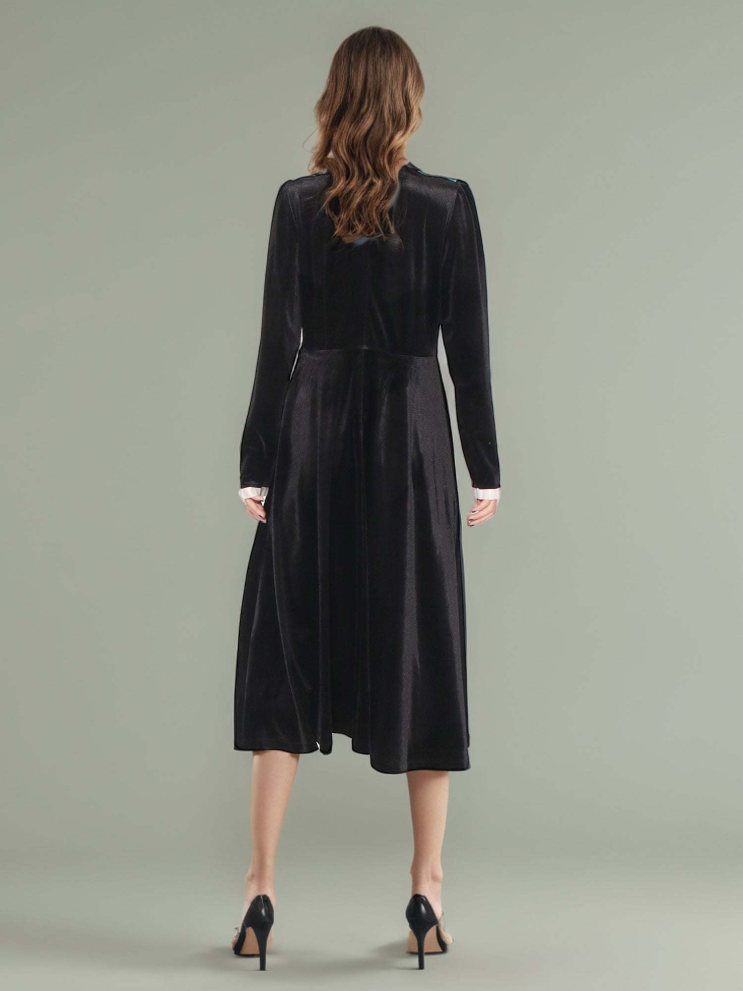 Black Velvet Midi Dress with Rhinestone Bow & Belt - SISPELL