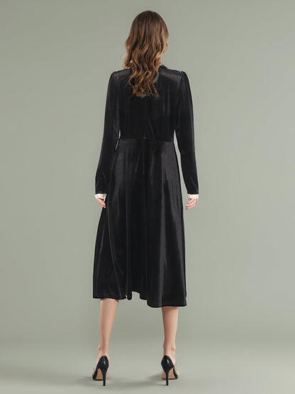 Black Velvet Midi Dress with Rhinestone Bow & Belt - SISPELL