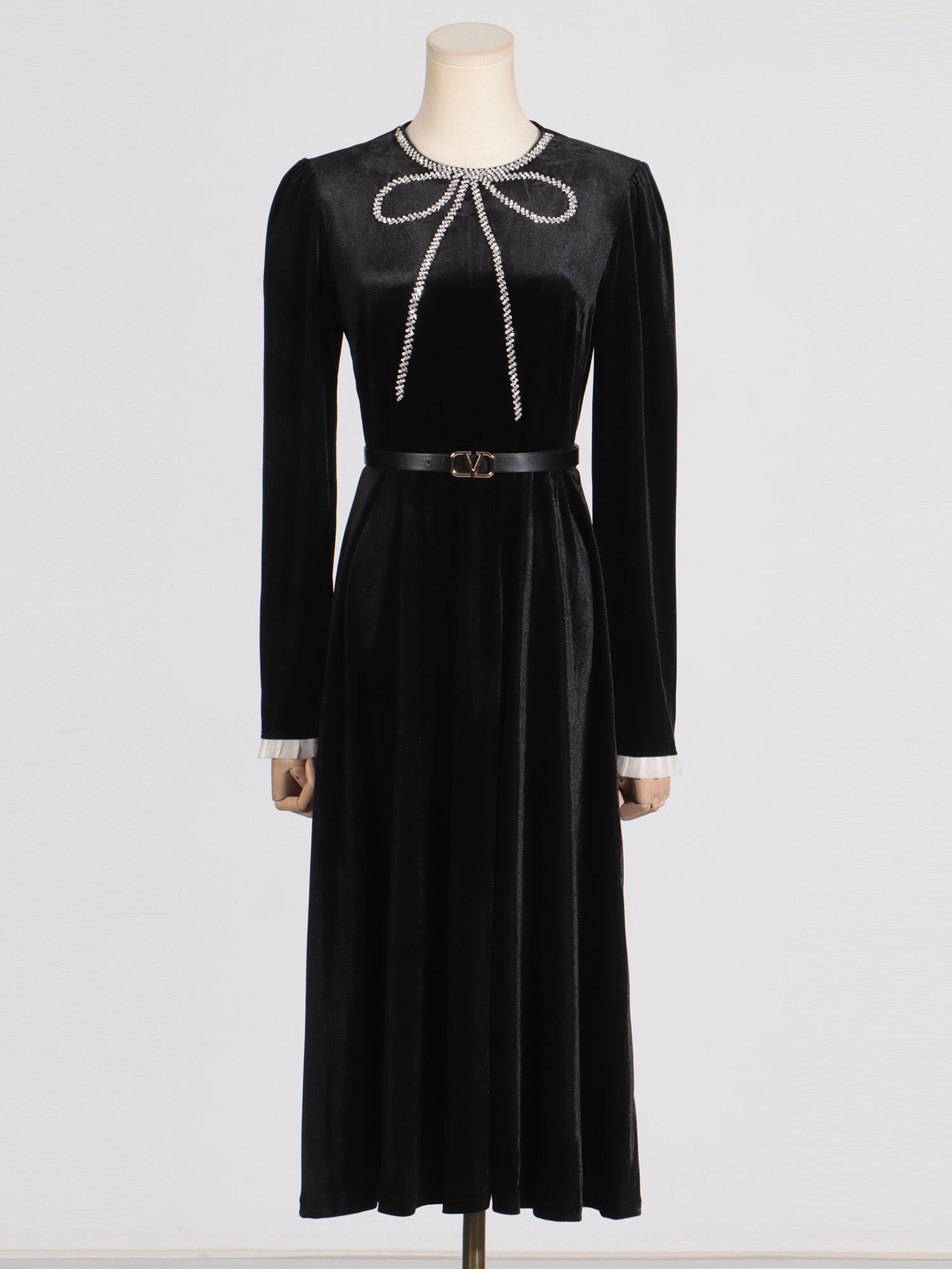 Black Velvet Midi Dress with Rhinestone Bow & Belt - SISPELL
