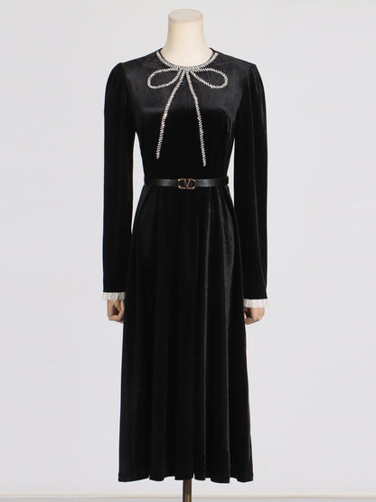 Black Velvet Midi Dress with Rhinestone Bow & Belt - SISPELL