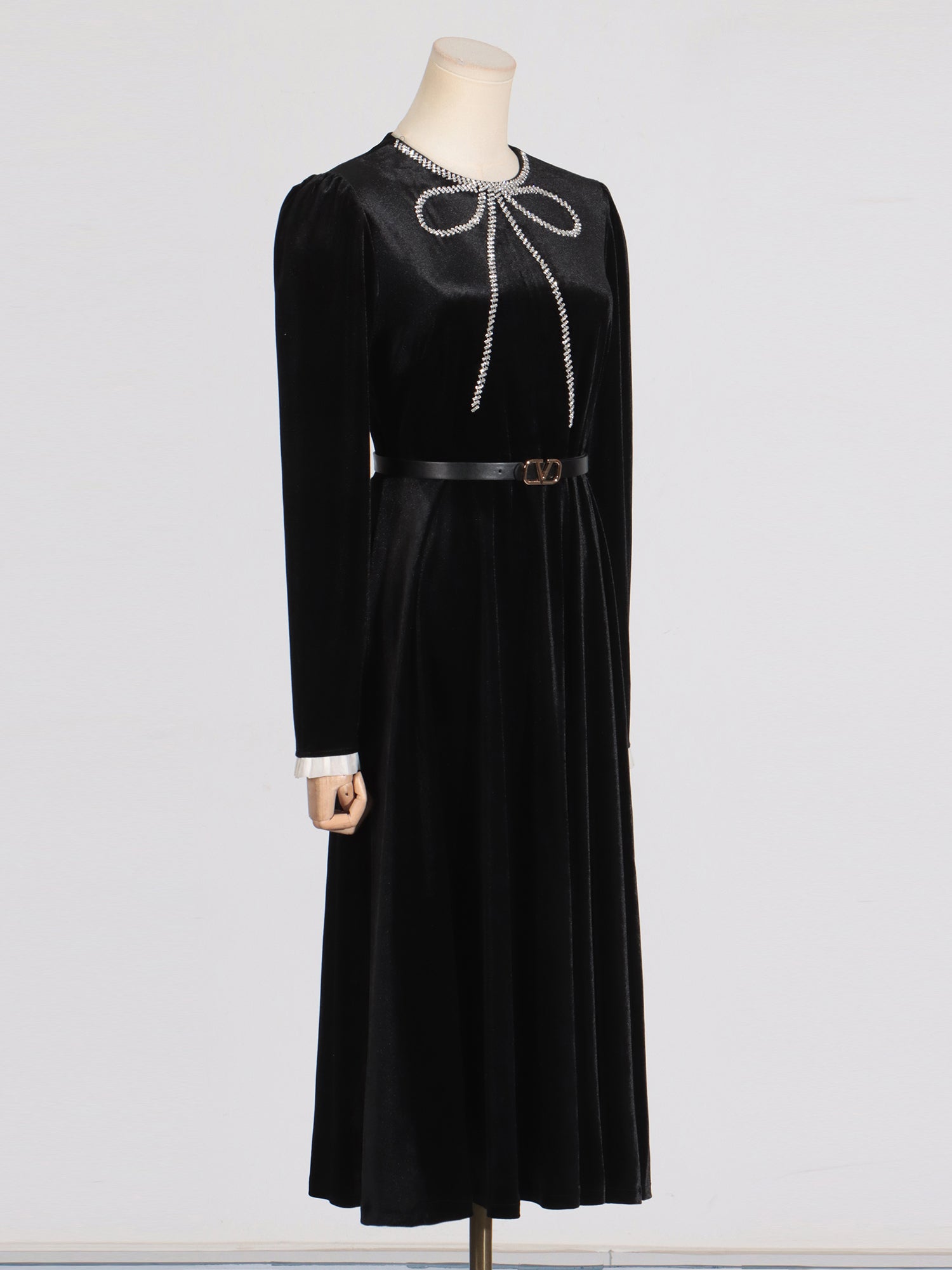 Black Velvet Midi Dress with Rhinestone Bow & Belt - SISPELL