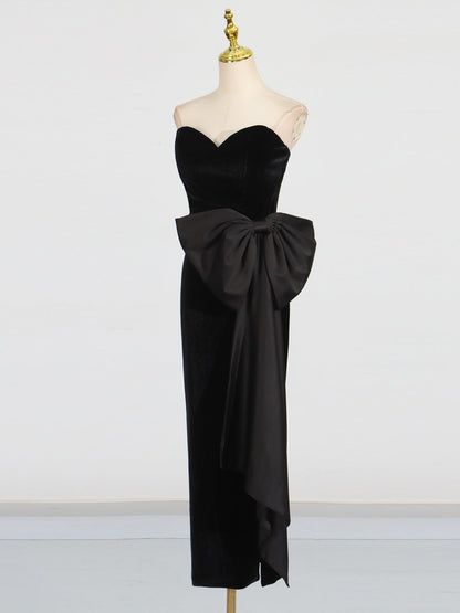 Black Velvet Strapless Midi Dress with Satin Bow - SISPELL