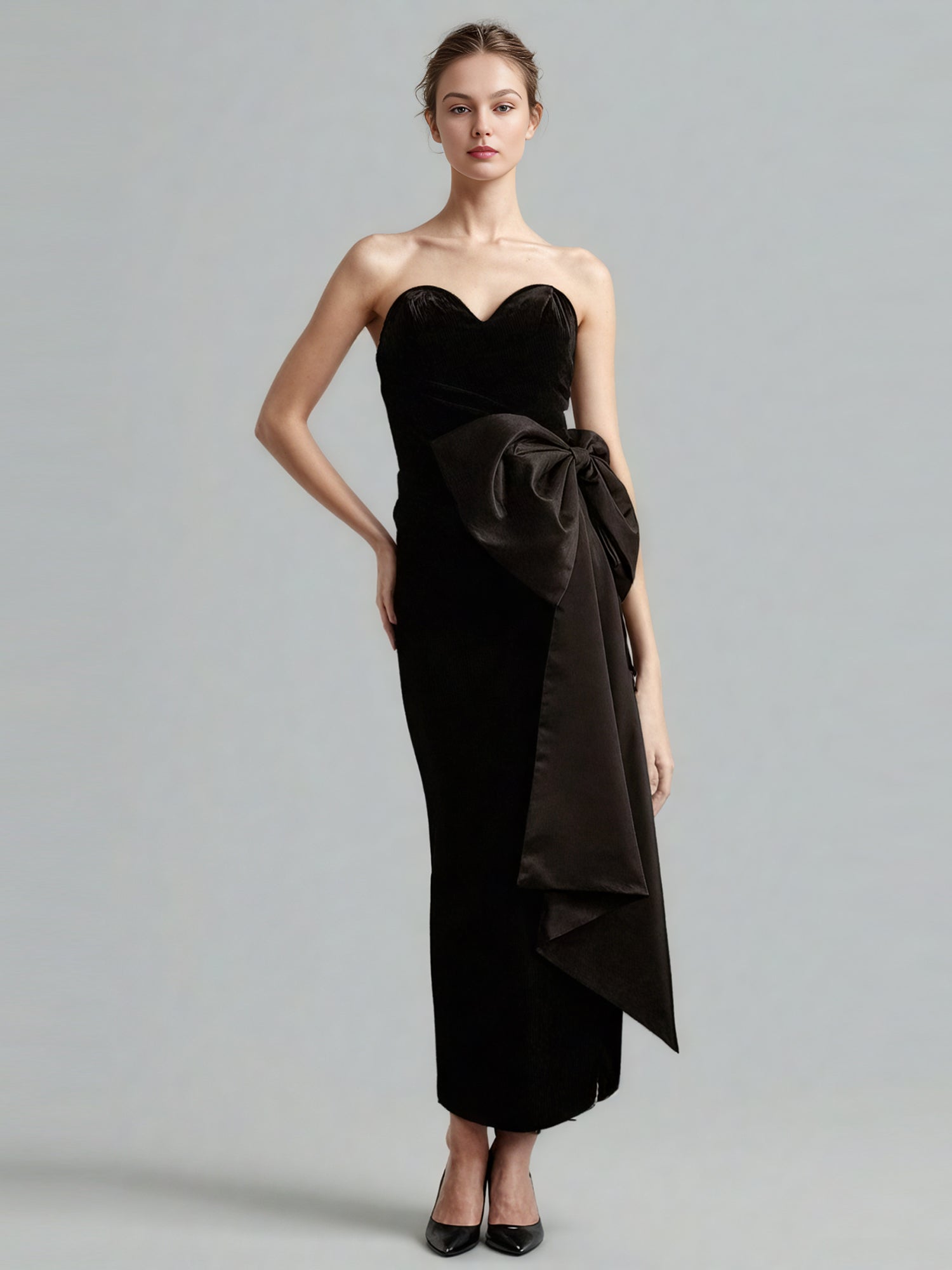 Black Velvet Strapless Midi Dress with Satin Bow - SISPELL