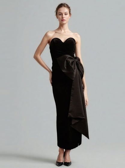 Black Velvet Strapless Midi Dress with Satin Bow - SISPELL