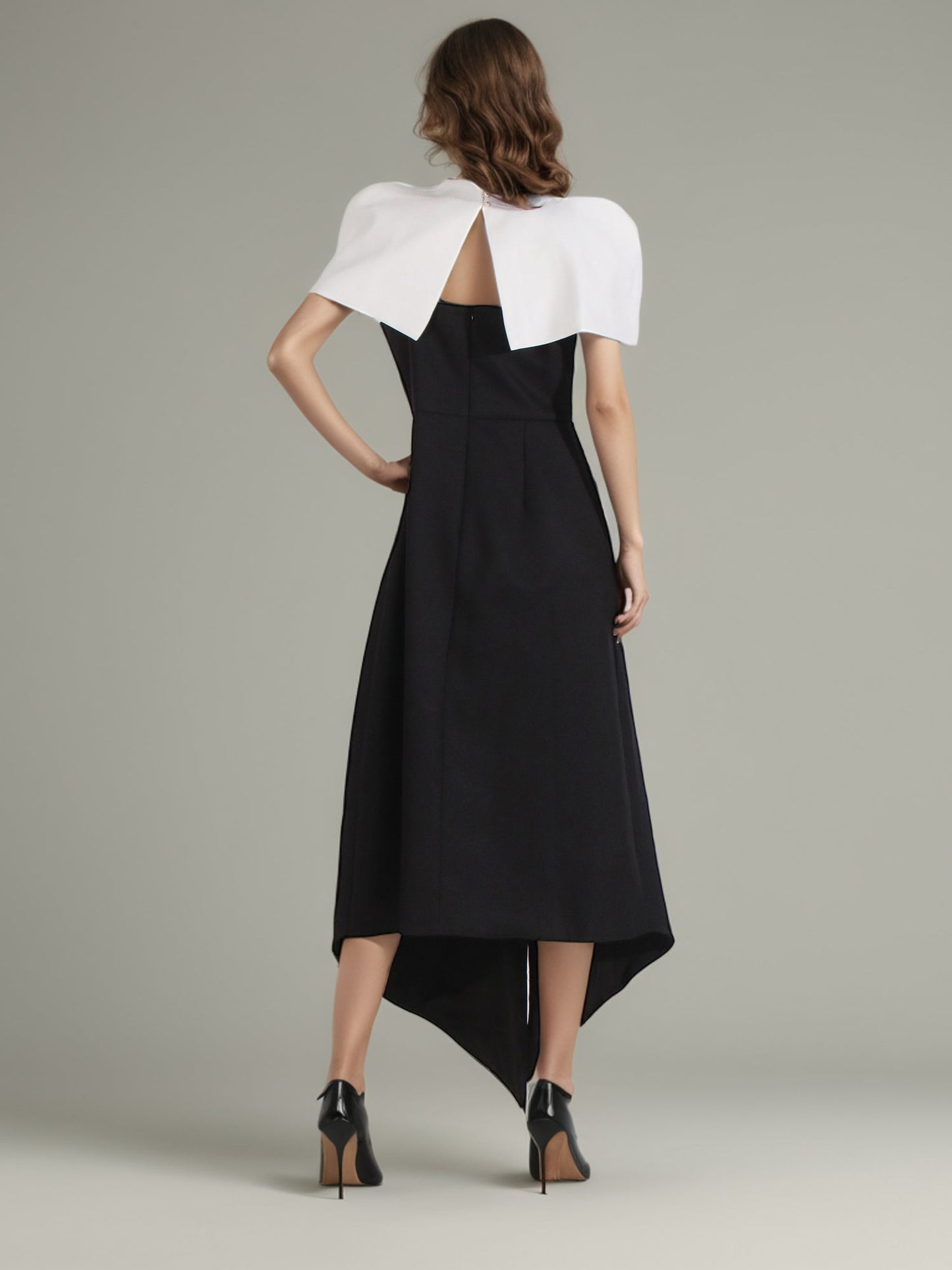 Black & White Puff Sleeve Asymmetric Midi Dress - SISPELL