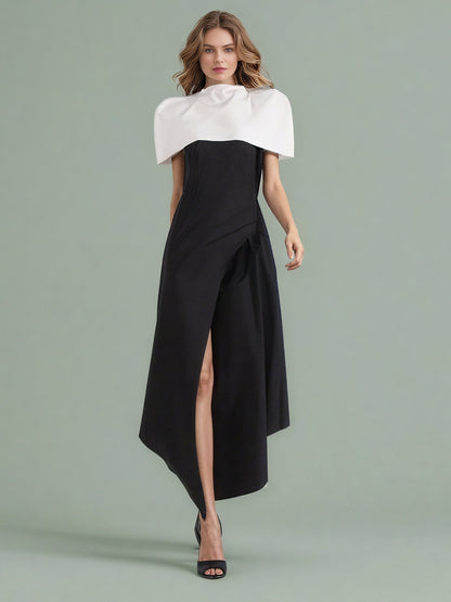 Black & White Puff Sleeve Asymmetric Midi Dress - SISPELL