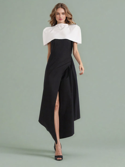 Black & White Puff Sleeve Asymmetric Midi Dress - SISPELL