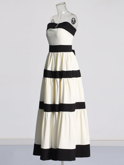 Black & White Striped Strapless Maxi Dress - SISPELL