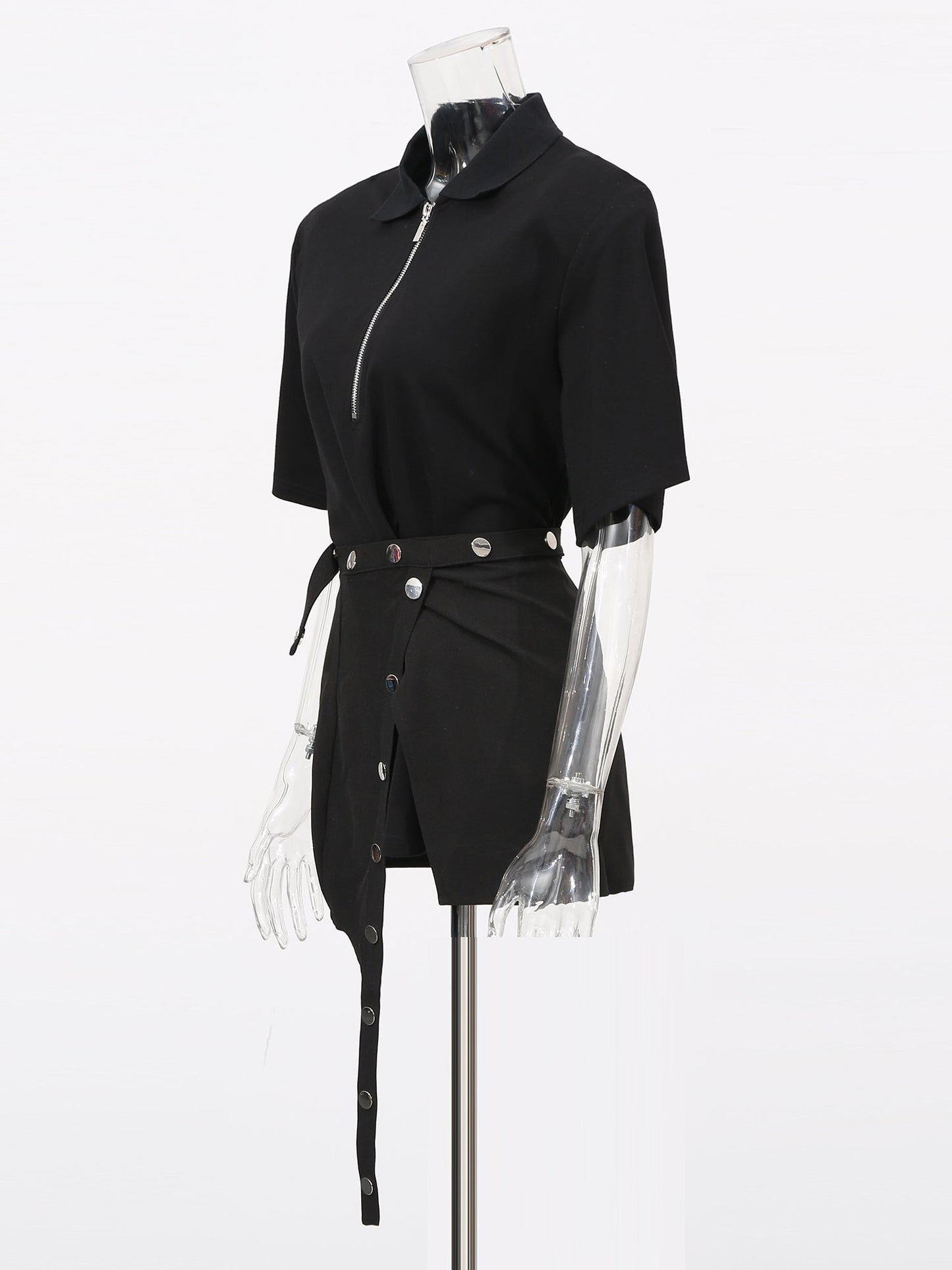 Black Zip Polo & Asymmetric Button Skirt Set - SISPELL