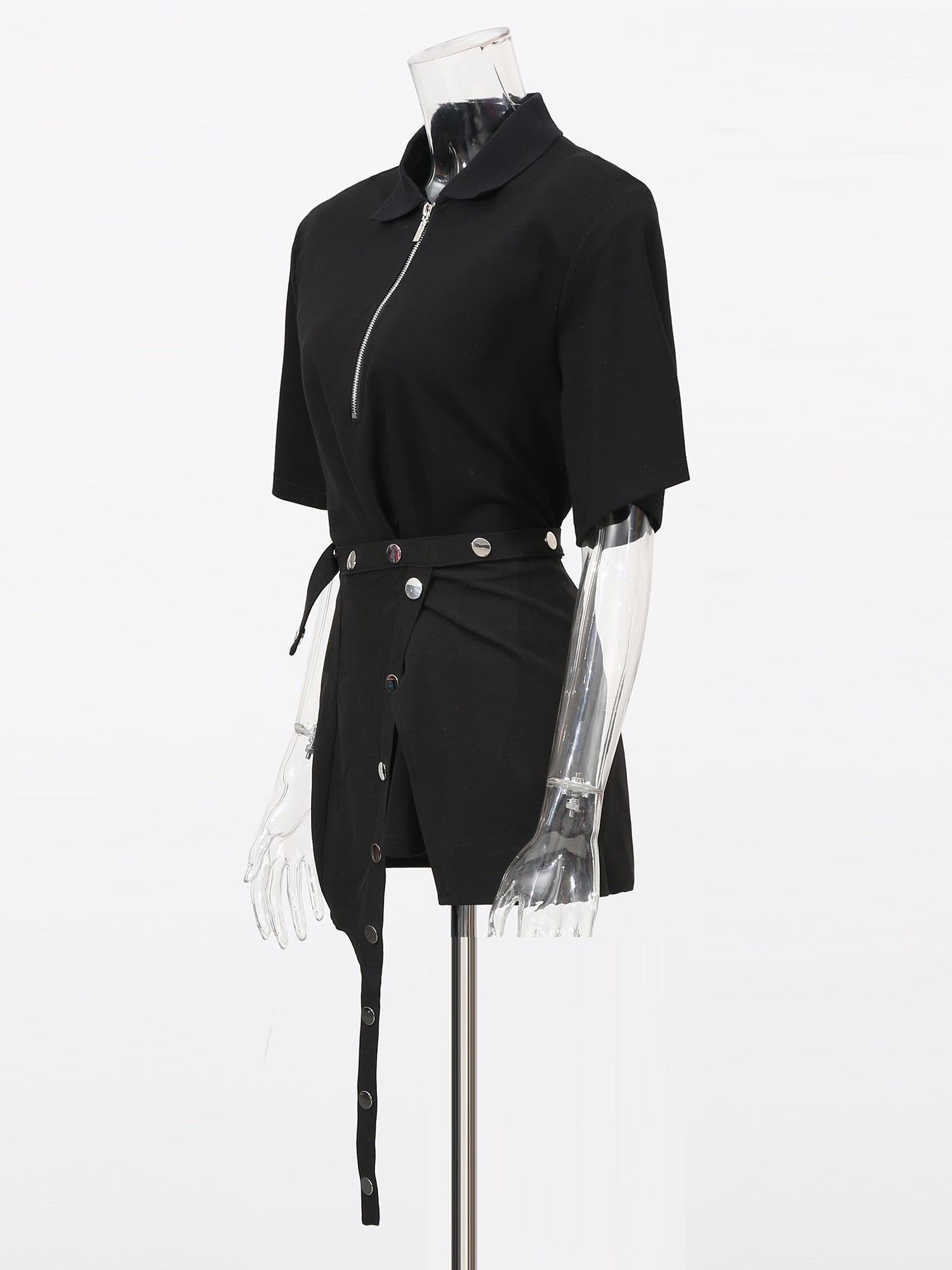 Black Zip Polo & Asymmetric Button Skirt Set - SISPELL